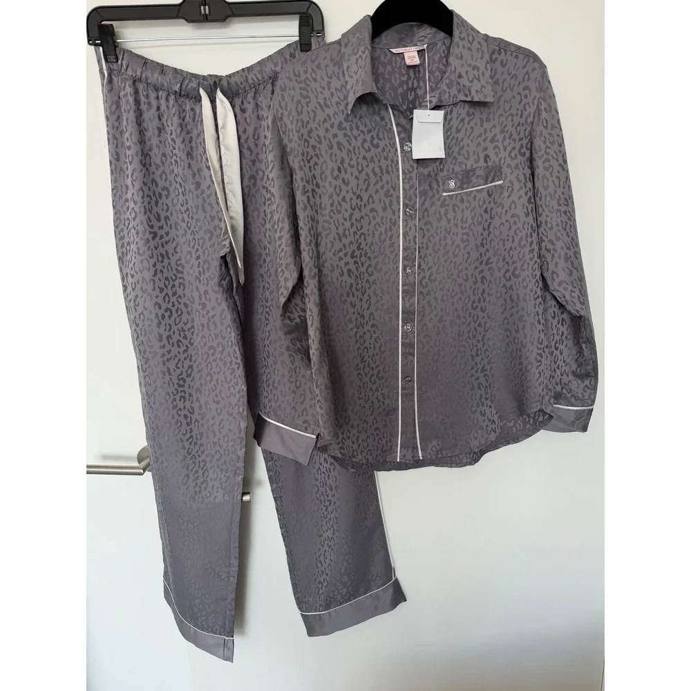 Victoria's Secret Satin Leopard Pajama Set Gray Long Small NWT
